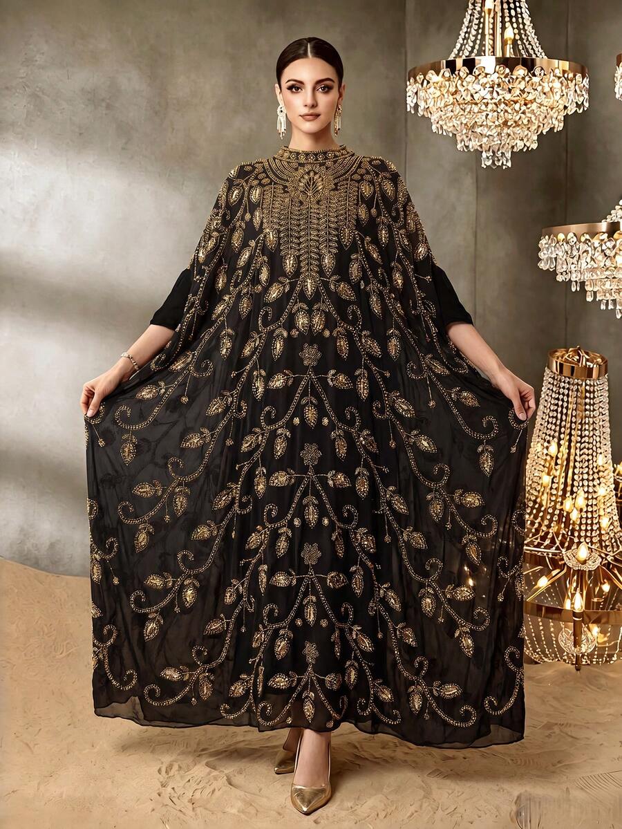 Formal Arabic Style Dress, Exquisite Black Long Gown, Decorated With Gold Beads, Contrast Sequins, Stand Collar And Flowing Cape Sleeves - Black Gold - View 1