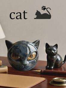 1pc Handmade Resin Black Cat Sculpture Figurine, Faux Marble Texture Desktop Art Decor, Creative Home Soft Furnishing Gift - Multiple Styles - View 2