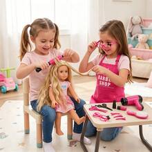 17PCS Children's Hair Salon Pretend Play Tool Toy Set, Wig Styling Set, With Hair Dryer, Barber Apron, Montessori Fine Motor Skill Training Toy, Hairstylist Accessories, Pink Barber Shop Role Play Set, Gift For Girls - Multicolor - View 2