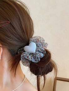 1pc/2Pcs Y2K Style Leopard Print Mesh Scrunchie With Heart Shaped Decor, Sweet Girls' Elastic Hair Tie For Daily Ponytail/Bun Hairstyle - Multicolor - View 6