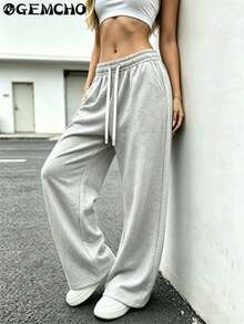 Women's Polyester Casual Pants With Pockets, Knit Fabric With Slight Stretch, Casual, Running, Jogging Pants, Gym Wear, All Season Long Pants Spring Sports - Silver - View 1