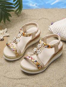 1 Pair Girls' Summer Wedge Sandals, Suitable For Daily Outings And School, Buckle Closure, Lightweight, Anti-Slip, Casual, Comfortable, Fashionable , Versatile Open Toe Thick Sole Sandals - Beige - View 7