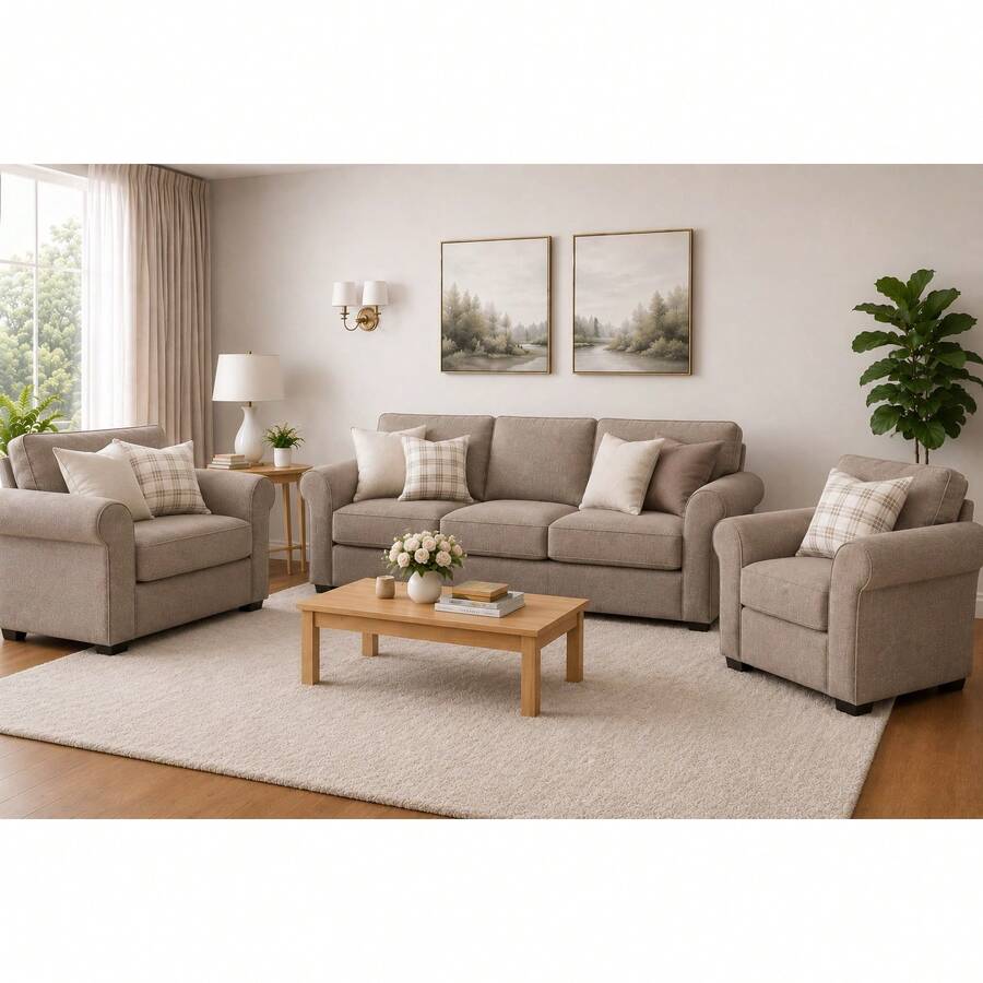3-Piece Stretch Elastic Sofa Cover Set, Complete Living Room Set - Apricot - View 1