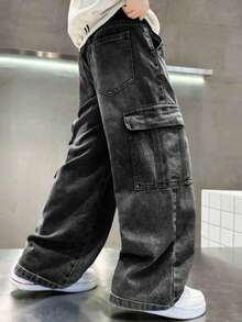 Teen Boy Casual Fashion Loose Wide Leg Cargo Denim Jeans - Black - View 2