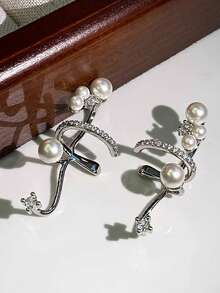 1 Pair Elegant Luxury French Style Glass Faux Pearl Ear Cuff, Suitable For Women's Daily Casual Wear - Silver - View 4