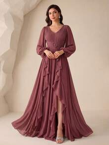 SUPGIR V-Neck Chiffon Lantern Sleeve Dress With Pleated Chest And Waist Trim, Floral Decor And Flared Skirt - Redwood - View 1