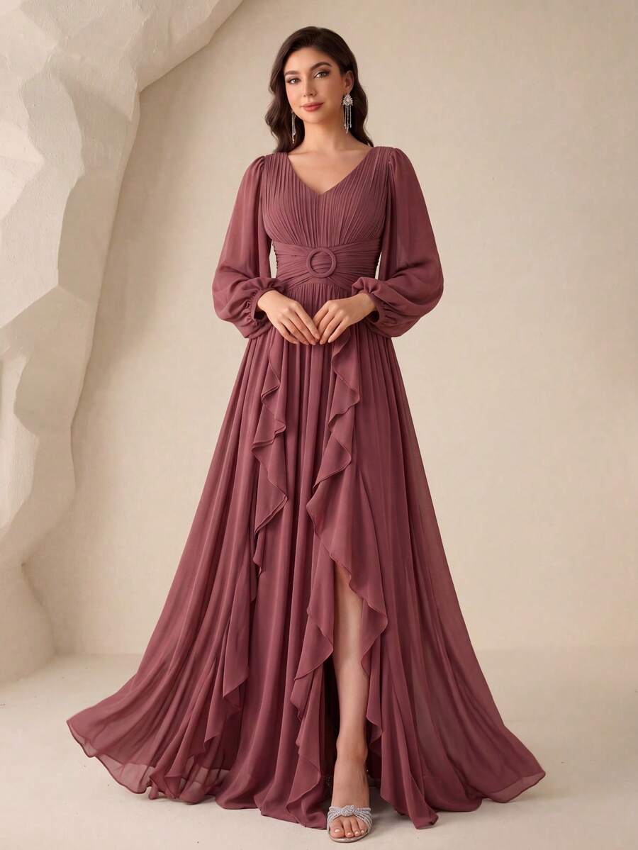 SUPGIR V-Neck Chiffon Lantern Sleeve Dress With Pleated Chest And Waist Trim, Floral Decor And Flared Skirt - Redwood - View 1
