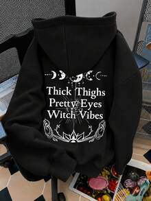 Plus Size Women's Drop Shoulder Hooded Sweatshirt With Moon Phase Graphic And "Witchy Vibes" Slogan, Outdoor Sports Summer Black Casual - Black - View 3