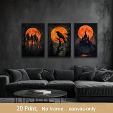 2D Flat,Set Of 3 Unframed Canvas Painting,Halloween Wall Art,Raven On Tree, Haunted Castle, And Forest Silhouettes With Fiery Orange Full Moon, Spooky Gothic Decor, Art For Living Room, Bedroom, Office And Hallway. - A - View 6