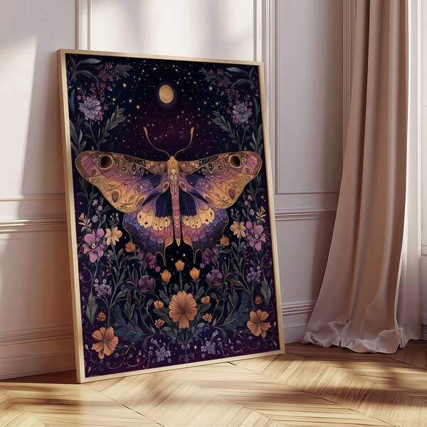 1pc Frameless Mystical Moth Celestial Boho Wall Art Print, Moon Stars Floral Butterfly Vintage Poster For Bedroom, Dorm, Back To School, Funky Posters, Room Decor Gift