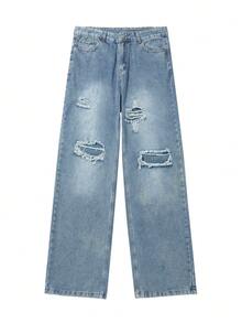 Jeans rectos holgados con lavado claro y desgastados para hombre - Lavado ligero - Ver 5