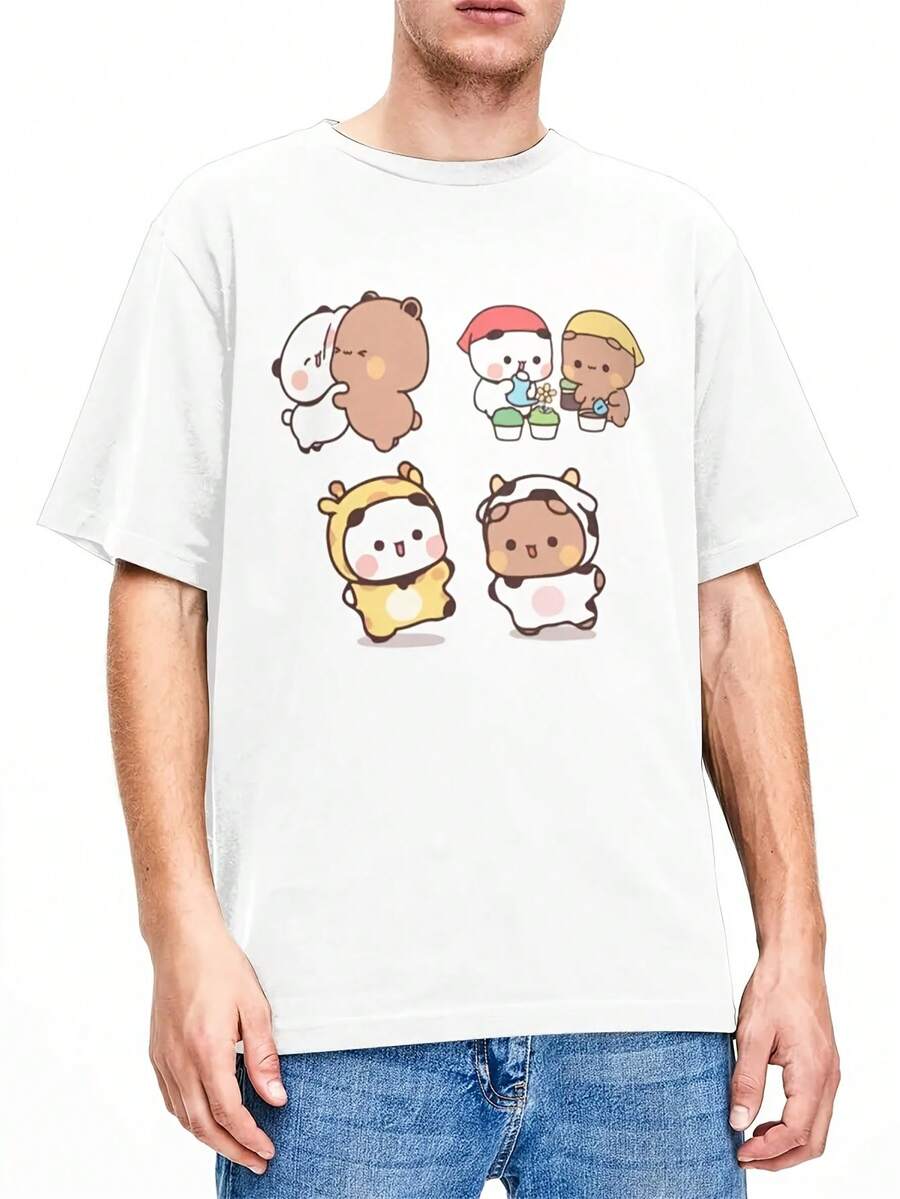 Camiseta Bubu Dudu con Oso y Panda Lindo | Cuello Redondo Casual, Unisex, Estilo Retro Harajuku, Diseño Clásico, Suave y Cómodo, Opción Perfecta para el Verano, Estilo Regular, Material Ligeramente Elástico. - Blanco - Ver 1