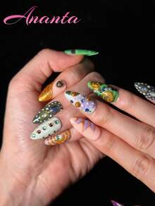 10pcs Almond Shaped Nail Stickers, Handmade, Premium Quality, Rhinestone Embellished, French Manicure, Hand-Painted Gradient, Asymmetrical Hand-Drawn Lines, Colorful Design, Acrylic Nails, Press-On Nails, Suitable For Party, Wedding, Daily Wear, Includes Tool Kit, Suitable For Girls And Women - Multicolor - View 3