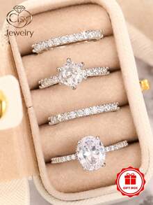 Set 4 Cincin Batu Zirkonia Kubik Elegan dengan Kotak Hadiah, Cocok untuk Wanita, Dapat Digunakan untuk Pernikahan, Pertunangan, Pesta Ulang Tahun, Hadiah Perhiasan Hari Valentine, dan Lainnya - 1# - View 9
