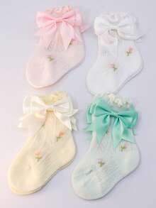4 Pairs Girls' Multi-Color Soft Breathable Fashion Princess Style Pretty Cute Baby Socks Children's Short Socks Summer Casual Vacation Daily Use - Multicolor - View 3