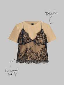 x Luisa Sonza MOD Camiseta blanca de mangas cortas con cuello redondo y diseño de encaje veraniego (2 en 1) - Albaricoque - Ver 1