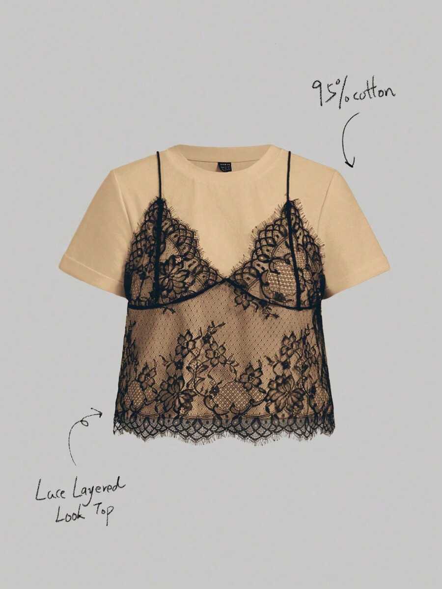 x Luisa Sonza MOD Camiseta blanca de mangas cortas con cuello redondo y diseño de encaje veraniego (2 en 1) - Albaricoque - Ver 1