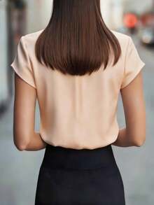 Women's Elegant Mandarin Collar Short Sleeve Blouse - Crisp White Satin-Like Fabric, Versatile For Work, Party, Spring/Summer/Autumn, Classic Solid Color, Crease-Resistant Design, Flattering - Apricot - View 6