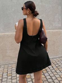 Dripcurv Vestido vaquero casual sin mangas y sin espalda de color azul marino para mujer de talla grande, estilo vintage, atuendo sencillo para vacaciones/Año Nuevo, ropa para Navidad. - Negro 2 - Ver 1
