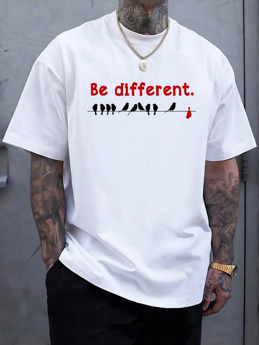Men's Crew Neck Short Sleeve Casual T-Shirt With Letter And Bird Pattern - 白色 - 查看 1