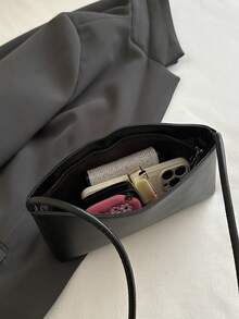 Bolso baguette de moda retro primavera/verano, apertura con cremallera, ligero y minimalista, superficie suave de unicolor, bolso de hombro y axila de pequeña capacidad - Negro - Ver 6