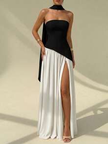 Vestido de novia sin tirantes con detalle de bolero elegante en unicolor - Blanco y Negro - Ver 6