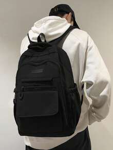 Unisex Casual Backpack, Solid Color Multi-Pocket Student Bookbag, Large Capacity Minimalist Commuter Bag - Multicolor - View 5