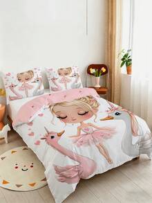 2/3pcs Kids Ballet Bedding Set For Girls, Pink Ballerina Duvet Cover And Pillowcase Set, Cute Cartoon Princess Floral Heart Pattern Bed Sheet, Princess Style For Girls (Single/Double/Queen Size) - Multicolor - View 2