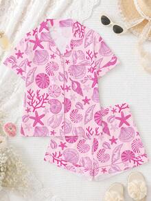 2pcs Women Pajama Set, Shell Print, Ladies Homewear, Spring/Summer Holiday Outfit, Short Sleeve Lapel Top And Shorts Can Be Worn Outerwear - Pink - View 1