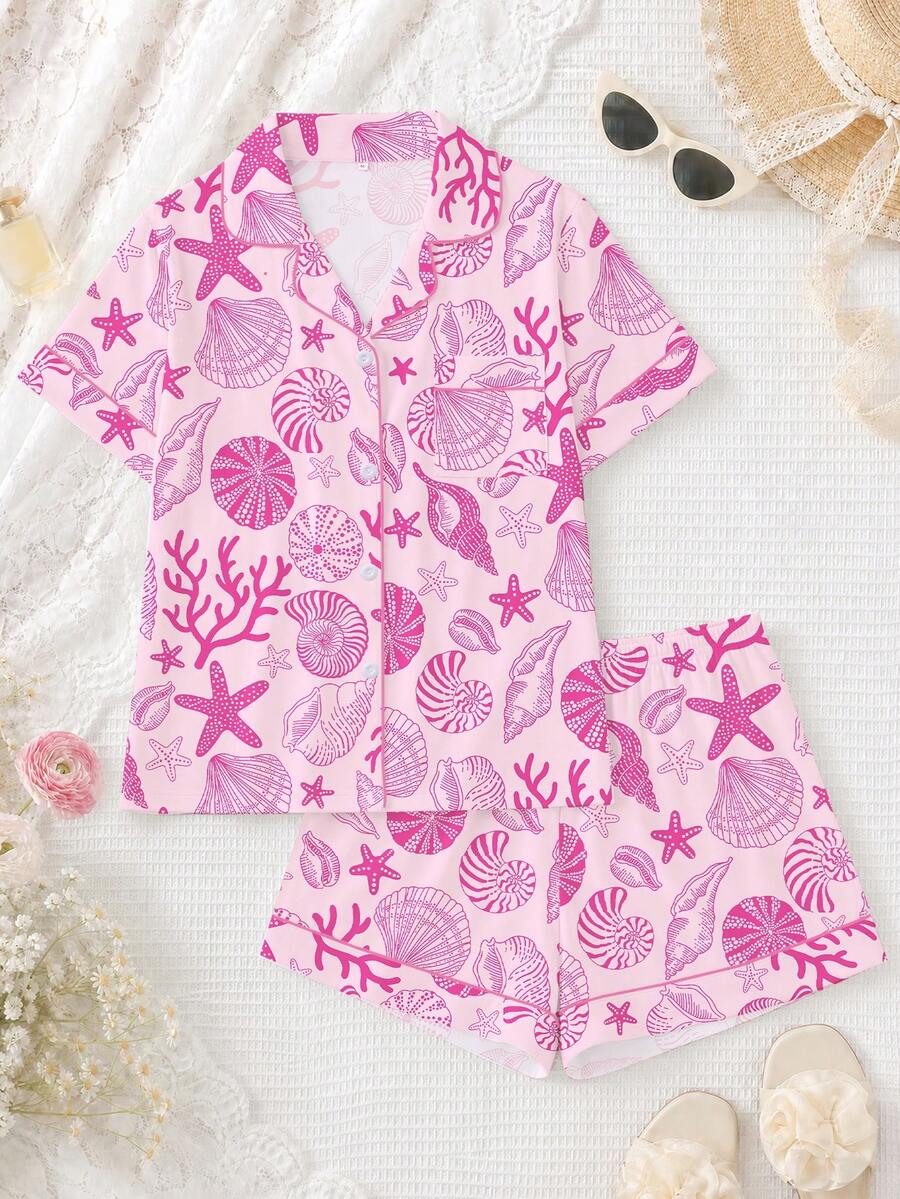 2pcs Women Pajama Set, Shell Print, Ladies Homewear, Spring/Summer Holiday Outfit, Short Sleeve Lapel Top And Shorts Can Be Worn Outerwear - Pink - View 1
