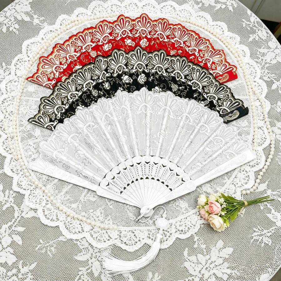 An Elegant Lace Hand Fan, With A Retro Style And Fringes, Suitable For Brides, Graduation Dances And Special Events - Small Rose Folding Fan - View 1