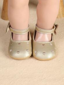 1雙嬰幼女童刺繡愛心時尚百搭公主鞋，適合春秋季節 - 金色 - 查看 6