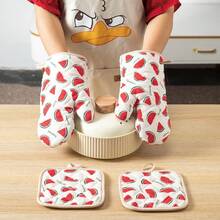 Watermelon Pattern Daily Household Oven Mitts And Pot Holders, Double-Sided Quilted Diamond Grid, Washable, Kitchen Cooking Baking Microwave Heat-Insulating Mitts And Pads, 2-Piece Set, 4-Piece Set - View 8