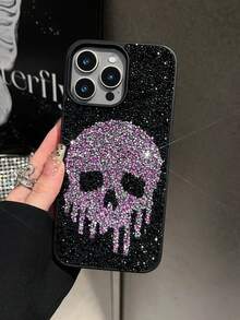 1 pieza Funda de teléfono 2 en 1 con textura de piel, cara de fantasma púrpura, con strass, anti-caída, compatible con 15promax/17promax - Morado - Ver 6