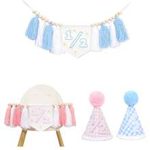 1 Set 1/2 Birthday Plaid Hat Daisy High Chair Banner Set, Suitable For 6 Months Old Boy/Girl Birthday Decoration, Sweet Cake Smash Photo Props (Blue/Pink) - Multicolor - View 6