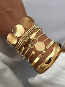 7pcs Set Vintage Exaggerated Luxury Geometric Design Wide Metal Bangle Bracelet Set, Suitable For Daily Wear And Gifts - 7pcs Round Bracelet - View 2