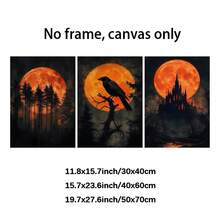 2D Flat,Set Of 3 Unframed Canvas Painting,Halloween Wall Art,Raven On Tree, Haunted Castle, And Forest Silhouettes With Fiery Orange Full Moon, Spooky Gothic Decor, Art For Living Room, Bedroom, Office And Hallway. - A - View 3