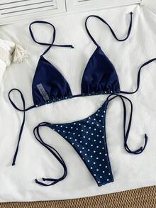 Women's Leopard Print Halter Neck Tie Sexy Bikini Set, 2025 Summer Beach Vacation Style - Navy Blue and White Dots - View 3
