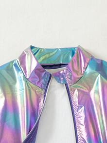 Girls' Casual Zip-Up Short Dropped Shoulder Long Sleeve Jacket, Solid Color, Spring/Autumn - Purple - View 3