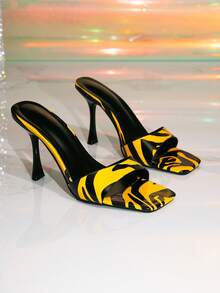 Women's Solid Color Square Toe Mule Stiletto Ultra High Heel Sandals - Yellow - View 7