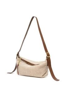 Dedoo 女款單肩包 Hobo 包 素色草編仿皮飾邊 金色鏈條設計 可調節肩帶 拉鍊開合 休閒波希米亞風 全季節適用（附贈禮品袋） - 杏色 - 查看 9