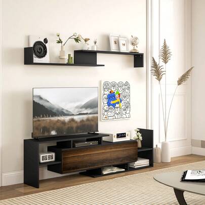 TV Stand And Wall Shelf Set, Wall-Mounted Shelf Set, Engineered Wood Media Console, For Living Room, Bedroom And Home Entertainment, Black And Wood Tone, 153.6 X 25 X 42 Cm