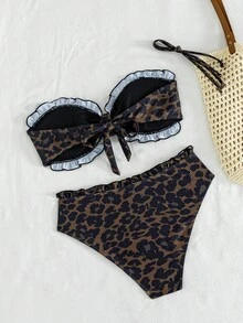 Women's Leopard Print Bandeau Lace Bikini 2 Pieces Set With High Waist Swim Bottoms, Suitable For Summer Island Vacation Beach - Multicolor - View 3
