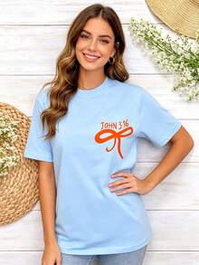 Coquette Bow Bible Verse Graphic Tee John 3:16 Christian Aesthetic Shirt Cute Women Preppy Striped Graphic Top Summer Outfits For Women - 淺藍色 - 查看 5
