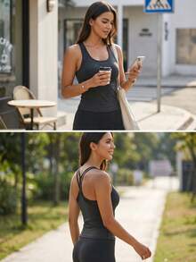 1pc Spring/Summer Backless Camisole, 2-In-1 With Built-In Cup Pad, Mesh Splice Casual Sports Yoga Outdoor Wear Slip Dress - Dark Grey - View 4