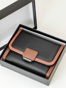 Billetera corta plegable de tres partes con bloques de color para mujer, billetera multifuncional de una pieza de PU suave con gran capacidad de almacenamiento de identificación, compacta y ligera, empaque en caja de regalo adecuado para regalos de vacaciones - Negro - Ver 1