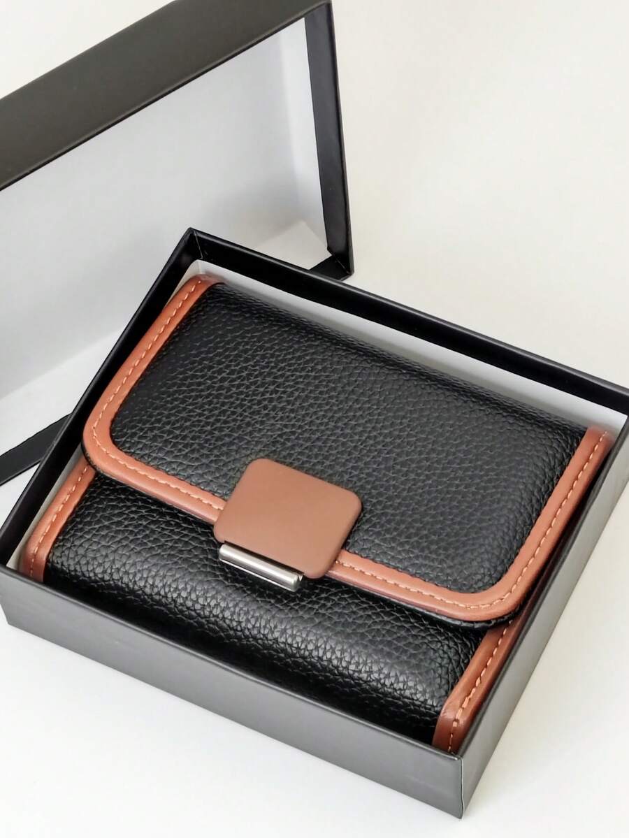 Billetera corta plegable de tres partes con bloques de color para mujer, billetera multifuncional de una pieza de PU suave con gran capacidad de almacenamiento de identificación, compacta y ligera, empaque en caja de regalo adecuado para regalos de vacaciones - Negro - Ver 1