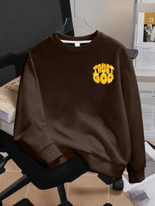 1pc Tween Boys Crew Neck Sweatshirt, English Print Pattern, Autumn New Comfortable Top - Brown - View 2