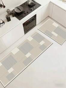 1pc Light Gray Geometric Patchwork Striped Diatomaceous Earth Kitchen Mat, Absorbent Cushioning Anti-Fatigue Home Carpet, 3.5mm Customizable Cut, Kitchen Bathroom Entryway Home Decor Universal Rug - Multicolor - View 1