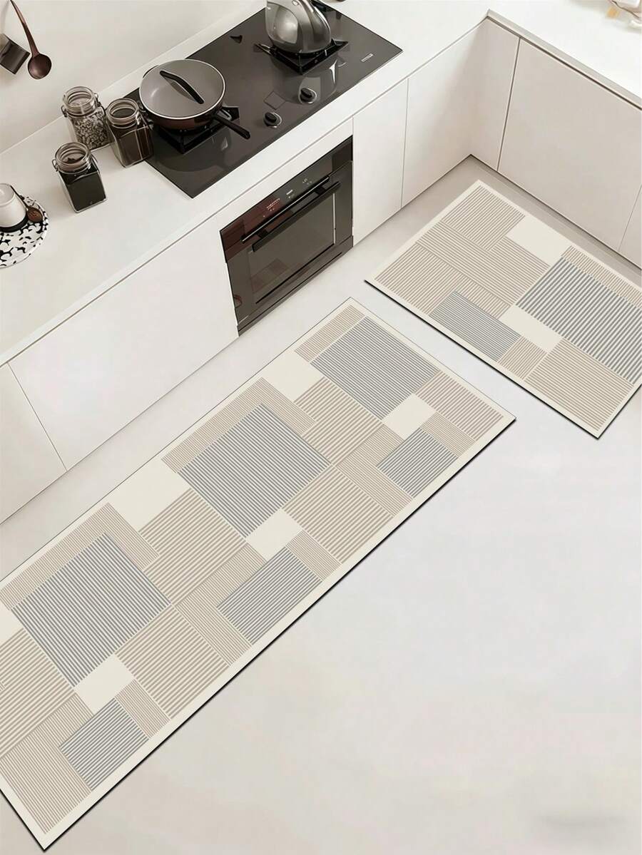 1pc Light Gray Geometric Patchwork Striped Diatomaceous Earth Kitchen Mat, Absorbent Cushioning Anti-Fatigue Home Carpet, 3.5mm Customizable Cut, Kitchen Bathroom Entryway Home Decor Universal Rug - Multicolor - View 1